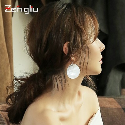 925 silver needle shells earrings Female temperament of circular section long eardrop exaggerated Korea earrings hipster ear rings hanging ears