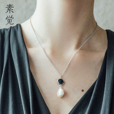 The meat's original manual 925 Baroque Pearl Pendant Necklace Necklace Silver Agate Pendant Necklace Chain female clavicle