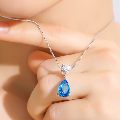Natural BLUE TOPAZ 925 Sterling Silver Necklace female Amethyst Pendant Jewelry Chain simple clavicle