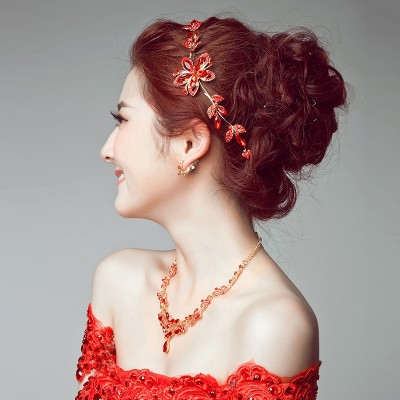 Bridal Tiara, necklace, earring, three piece red suit, accessory, Korean wedding yarn, headgear