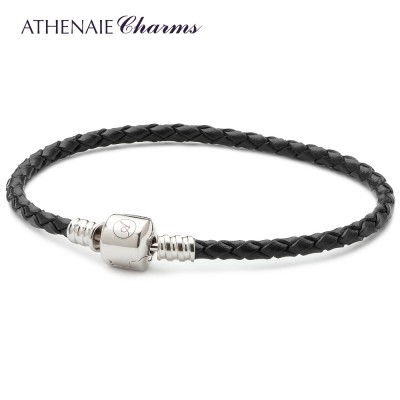 ATHENAIE925 Silver Plated Platinum buckle braided leather rope, DIY base hand collocation, coloured glaze transfer bead black
