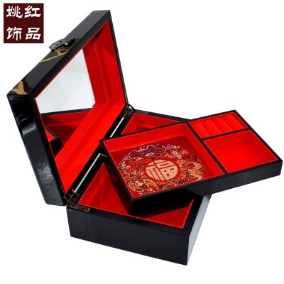 Jewelry box, wooden double layer, Pingyao push lacquer, wedding gift, retro Chinese style
