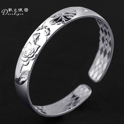 Silver Bracelet S999.9 Sterling Silver Bracelet Zuyin female opening simple silver jewelry gift to send his wife