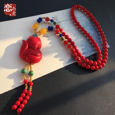 Retro benmingnian cinnabar red sweater chain long joker atmosphere pendant accessories necklace diy jewelry national wind