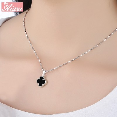 S999 silver clover necklace female clavicle fine silver, Japan and South Korea agate pendant Valentine's day, birthday gift