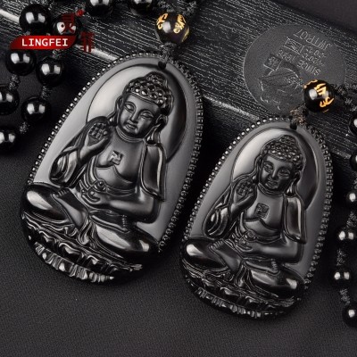 Medallion obsidian amida Buddha pendant zodiac dog pig this life patron traditional Buddha victims necklace for men and women