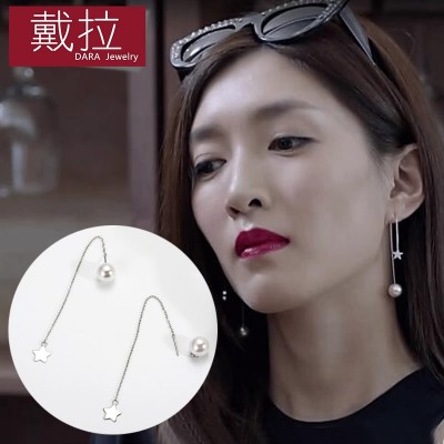 A long ears line of South Korea 925 silver pearls female tassel earrings, Japanese, Korean, contracted and fashionable temperament stud earrings