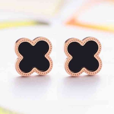 Japan and South Korea version of 18 k rose gold plated titanium steel clovers stud earrings female temperament Korea contracted black earrings earrings