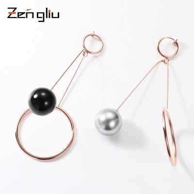Asymmetric earrings, Japan and South Korea female temperament of original design imitation pearl pendants long Han Guoer clip without ear pierced earrings