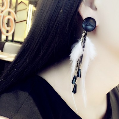 Vanity personality exaggerated long feather earrings temperament of South Korea vogue tide restoring ancient ways is exaggerated metal tassel earrings