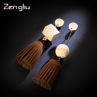 Europe and the United States to restore ancient ways asymmetric wooden tassel earrings Female temperament long eardrop personality contracted hipster earrings