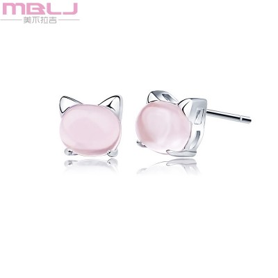 Natural powder crystal, 925 silver plated earring stud earrings female temperament South Korea contracted cat birthday is valentine's day gift