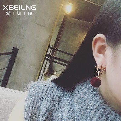 Japan and South Korea the new geometry hollow metal pentagram plush ball pendant earrings contracted earrings with Europe and the United States temperament act the role ofing is tasted
