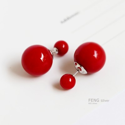 Silver dressing s925 pure silver red pearl double stud earrings earrings South Korea contracted before and after the size of earring female temperament