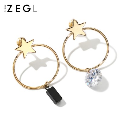 Wet person personality circle earrings Female temperament of South Korea long eardrop stars stud earrings contracted joker asymmetric earrings