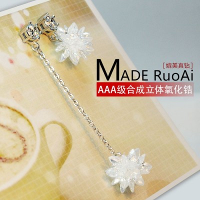 f love 925 silver long crystal snowflake ear line female Japan and South Korea fashion stud earrings ice pendant earrings earrings
