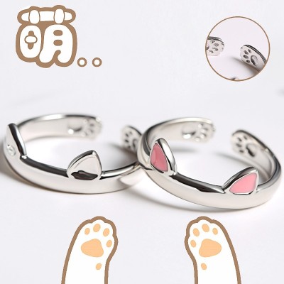 S925 silver handmade original pussy cat ring female temperament of Japan and South Korea lovely cat ear rings tide people end up students