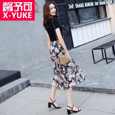 Female floral dress fashion dress Zhongchang summer thin short sleeved temperament two suit skirt  NEW
