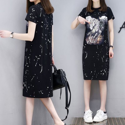  summer new Korean fashion Womens Black Short Sleeved T-shirt dress tide girls long skirt