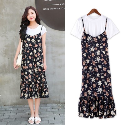 Dress female  short sleeved summer suits small Suihua flounced chiffon long paragraph two dress