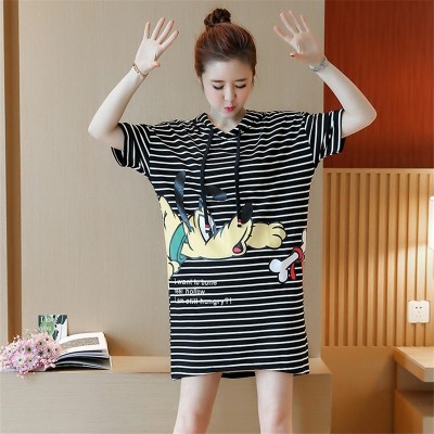 YEZKI summer  new Korean women slim stripe hooded loose T-shirt dress female size