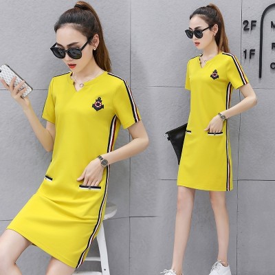 Summer dress, women's summer  new women's length, sports casual casual thin, V collar T-shirt skirt