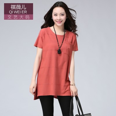  fat mm short sleeved summer new female T-shirt simple retro and vintage in the long loose thin cotton T-shirt girl
