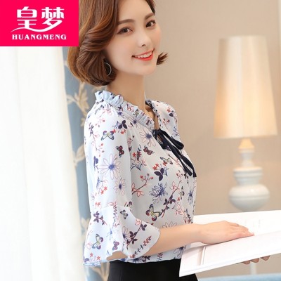  summer new female short sleeved chiffon shirt tie loose sweet floral shirt printing backing small shirt coat