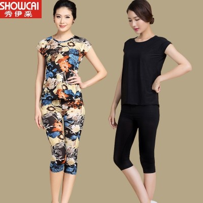 The elderly ladies summer mother suit short sleeved shirt seven pants size sport middle-aged two piece