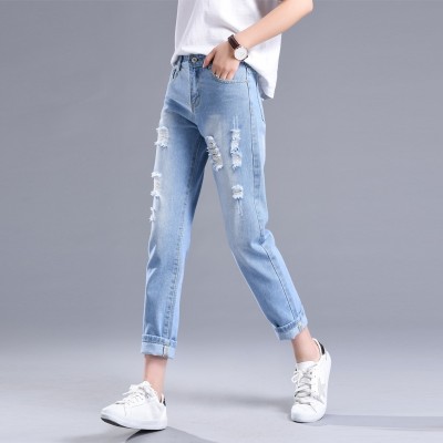 Spring and summer thin section BF wind light hole jeans female Korean waist loose slim pants nine Haren pants