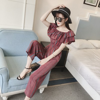 Chic summer collar striped wide leg Strapless Jumpsuit female flounce nine pants waist pants