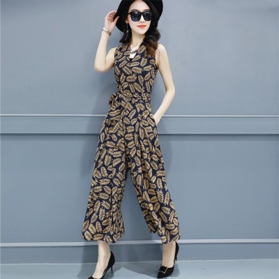 Siamese wide leg culottes thin summer  new women's fashionable temperament floral Jumpsuit Leotard