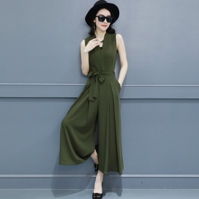 Wide leg culottes new summer  fashion conjoined thin waist Korean V Jumpsuit Jumpsuit dress collar