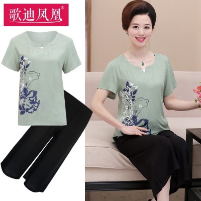 Mother cotton two piece suits summer in elderly women's 50 year old clothes summer T-shirt coat