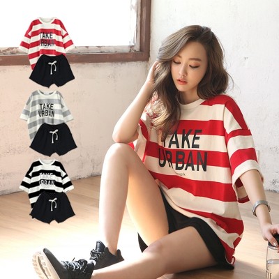 Striped casual suit, female short sleeved Korean style student sportswear, loose big fat, mm fashion shorts, two sets