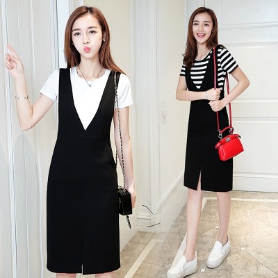 The summer of  Korean new V collar dress slim slim down in the long skirt bag hip skirt suit female T-shirt two