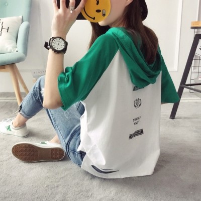 Korean students all-match fashion show thin loose hooded five sleeve T-shirt shirt half sleeve shirt and female