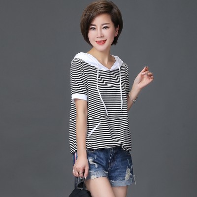 The autumn  summer new Korean fashion all-match hooded fine striped short sleeved T-shirt Blouse Shirt