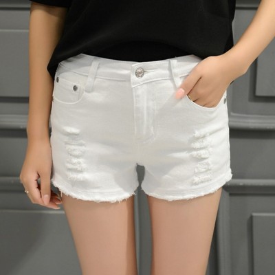 Summer students white hole elastic denim shorts female burr size Korean loose thin wide leg pants tide