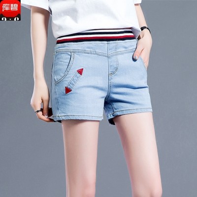 Summer high waisted denim shorts female Korean large fat mm code all-match elastic waist skinny pants students  new tide