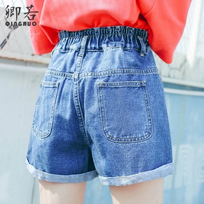 Elastic waist high waisted denim shorts in summer  new female Korean loose fat mm edge thin Shorts Size tide