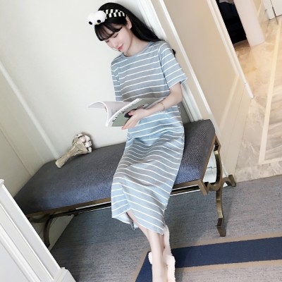 Korean female cotton short sleeved summer pajamas cute female cotton Nightgown striped summer loose Princess long service Home Furnishing