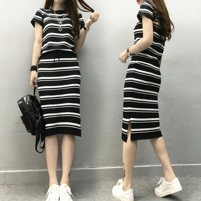 Europe  summer new European goods thin silk short sleeved knit striped suit dress two piece tide