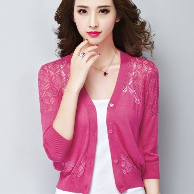 A small thin V collar cardigan sweater coat female short small shawl sweater sweater hollow summer new air conditioning