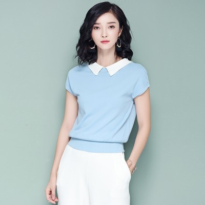 Thin silk knit female summer turtleneck short sleeved sweater doll collar loose thin T-shirt and jacket