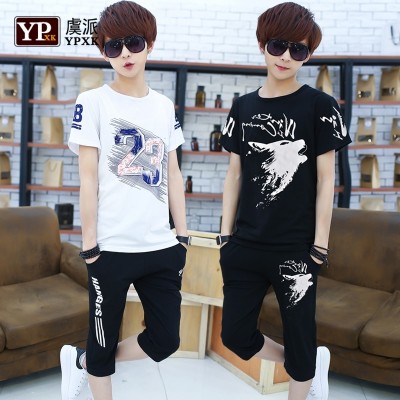 Junior men's summer junior high school students, short sleeve, two piece Korean version, seven point pants, casual sportswear