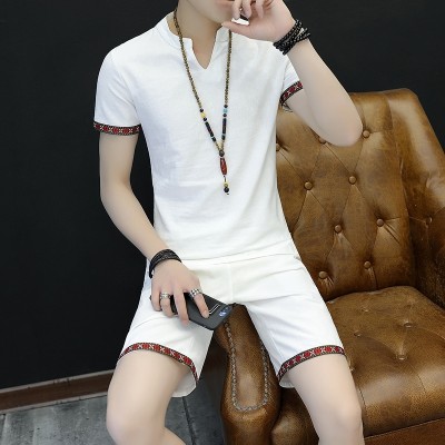 Short sleeved linen suit sportswear men's casual suits summer trend of Korean two sets of summer 