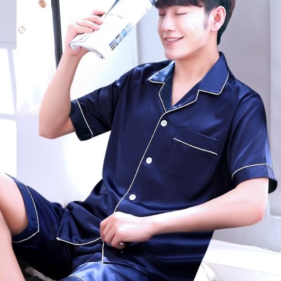 The summer pajamas men's silk thin cardigan shorts Home Furnishing suit male silk summer lovers'suits code