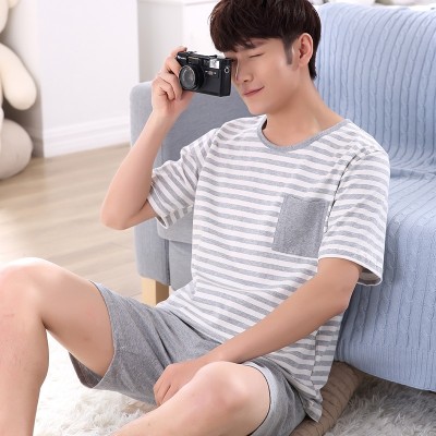 Pajamas, men's summer short sleeve, cotton shorts, stripe youth, big size summer, thin cotton men's home wear suit