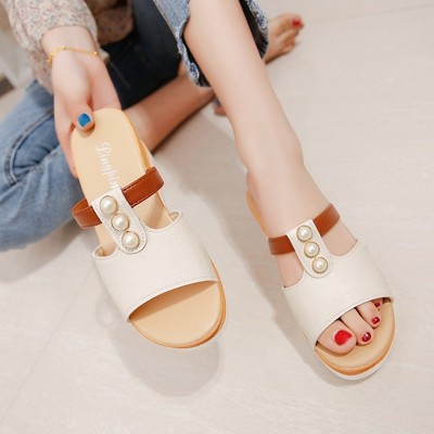  new all-match fish mouth with a thick bottom slope. Drag high-heeled sandals slippers muffin pearl female summer